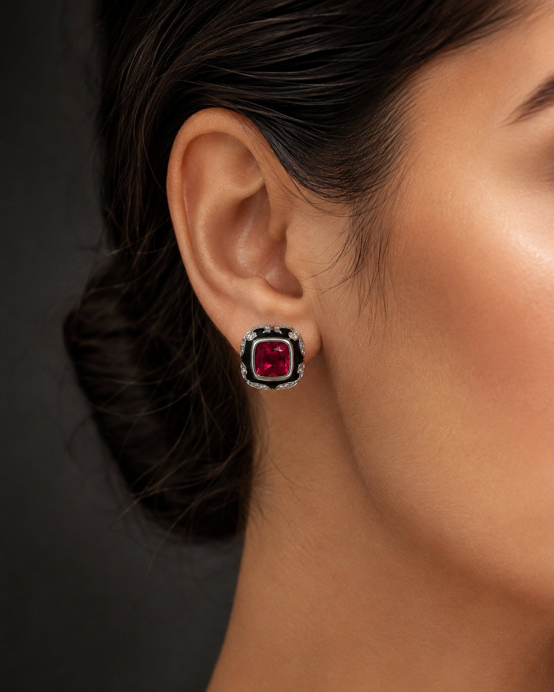 Ruby red cushion studs