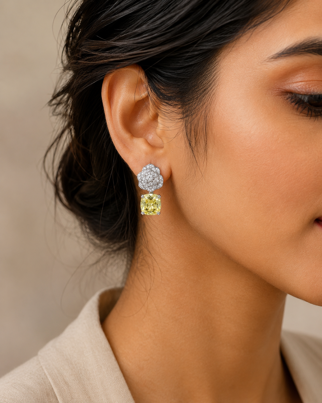 Cushion cut yellow drop earrings